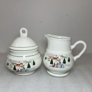 Sango Silent Night Christmas Holidays Winter Scene Creamer & Sugar Jar W/Lid